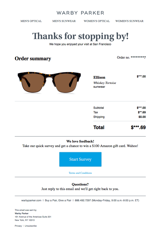 Warby Parker's order confirmation email